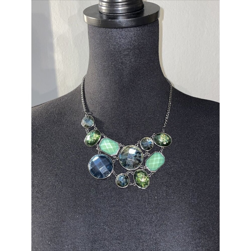 Acrylic-Iridescent Faux-Stone Statement Chain Necklace Adjustable Green Blue